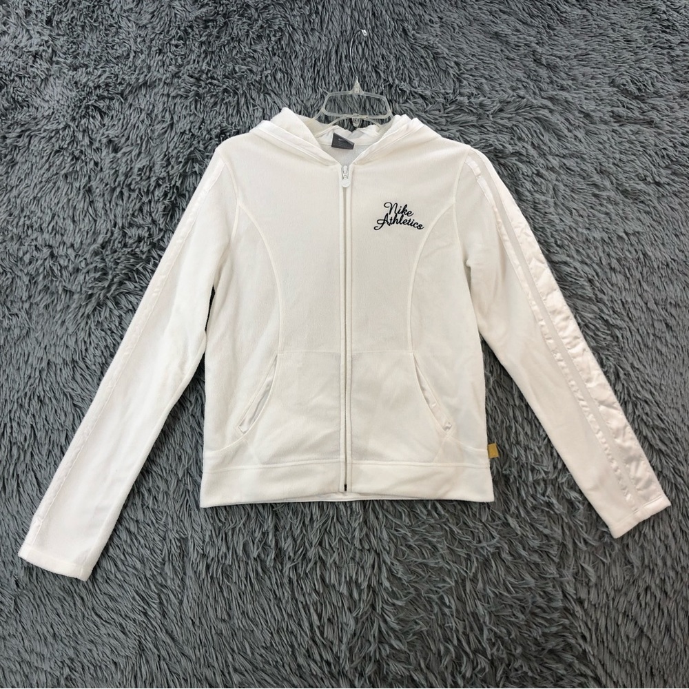 Nike Jacket Athletics Womens Medium Logo Full Zip White Fleece Hood Pockets